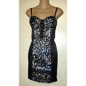 Guess Corset Dress Sz 2 Black Blue Bodycon Bustier Coquette Animal Print Stretch